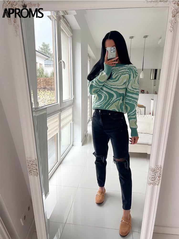 Aproms Elegant Green Tie Dye Knitted Sweater
