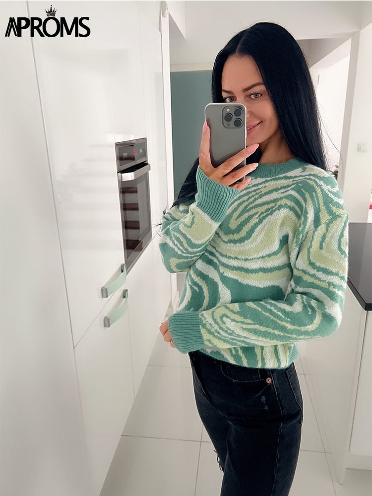 Aproms Elegant Green Tie Dye Knitted Sweater