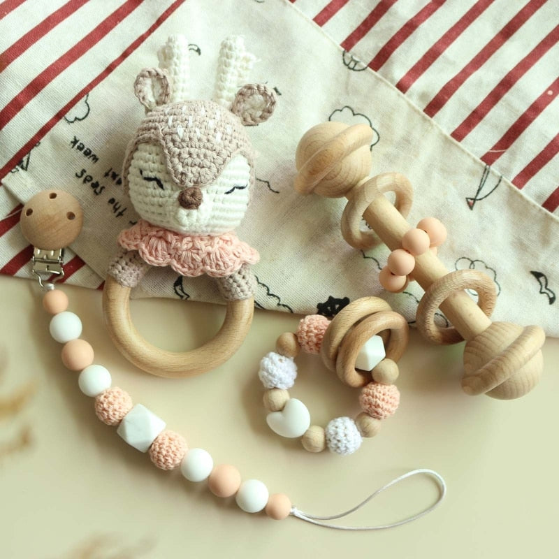 Teether Rattle With Bells Wooden Rings