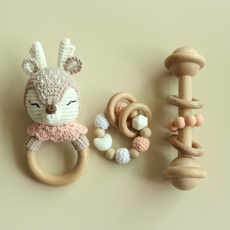 Teether Rattle With Bells Wooden Rings