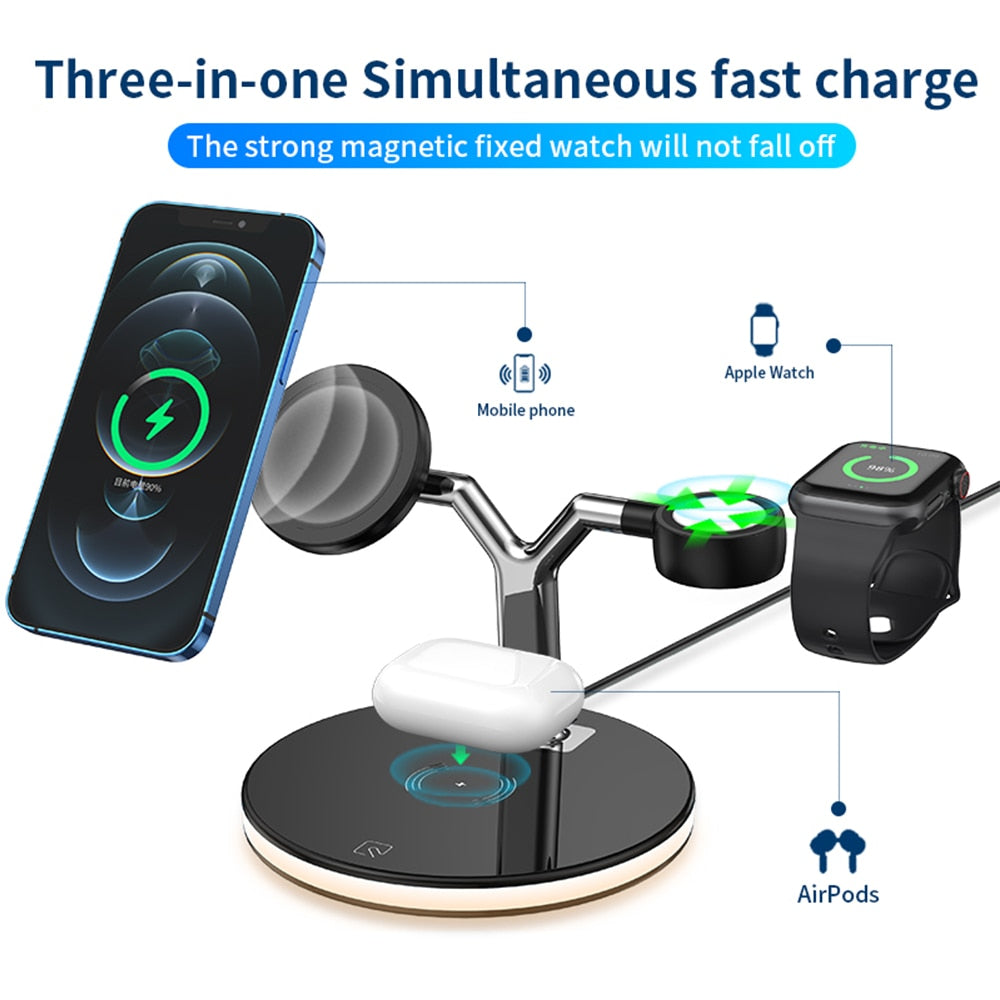 Bonola 15W 3 In 1 Wireless Chager for iPhone 12/14/13 iWatch Airpods Pro Magnetic Fast Charging Station Dock Stand Touch Light