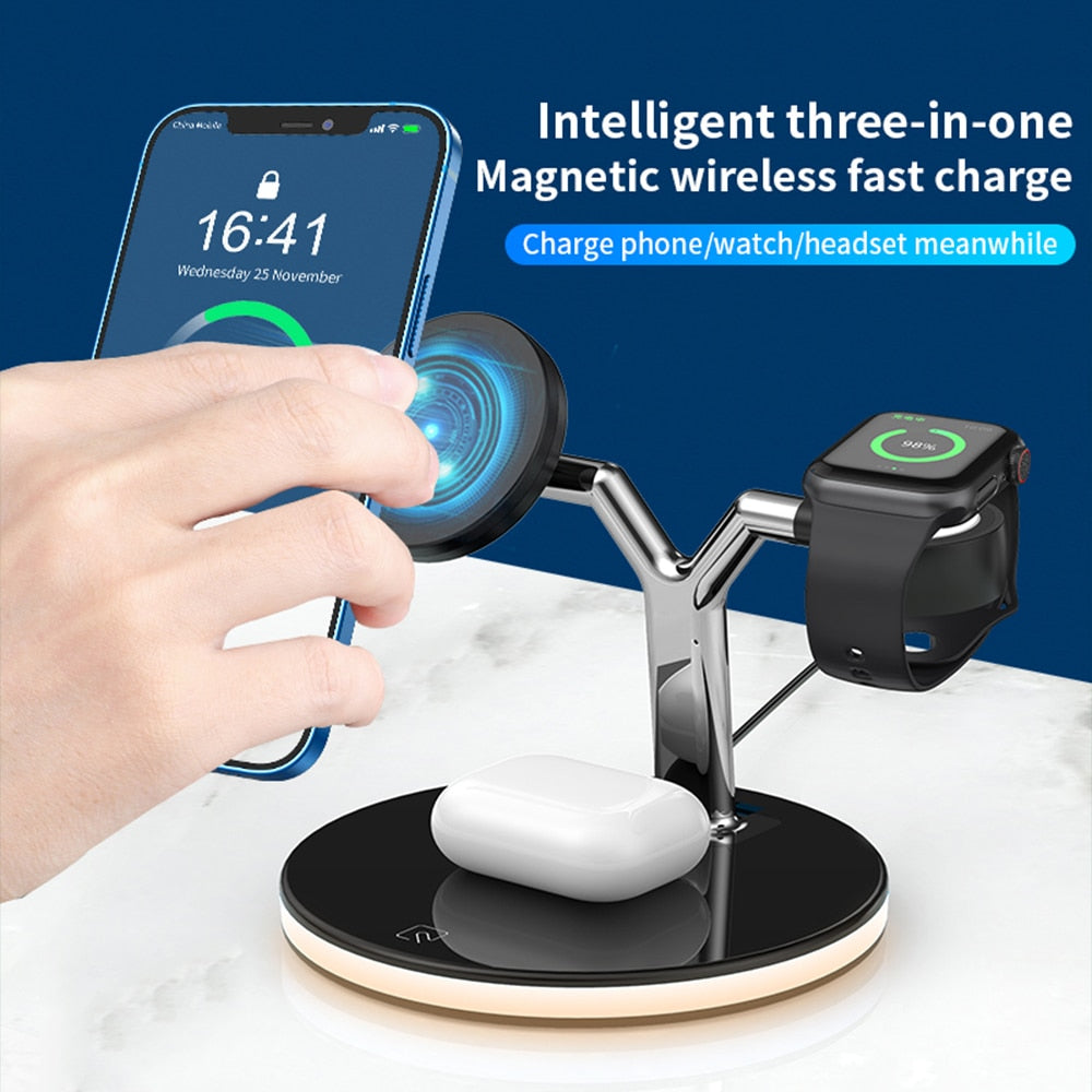 Bonola 15W 3 In 1 Wireless Chager for iPhone 12/14/13 iWatch Airpods Pro Magnetic Fast Charging Station Dock Stand Touch Light