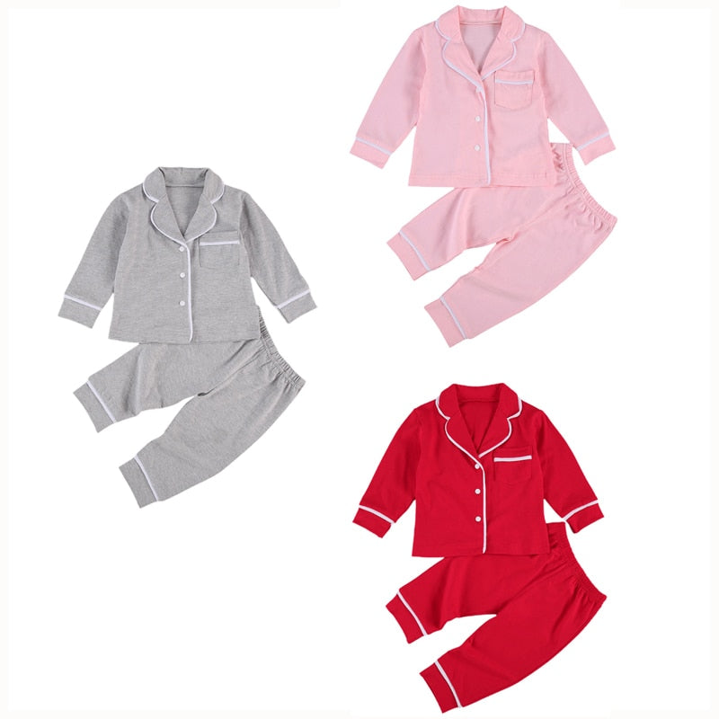 0-5Years Toddler Kids Baby Girls Boys 2Pcs 100% Cotton Pajama Sets Long Sleeve Jacket Shirt Pants Solid Sleepwear Red Gray Pink