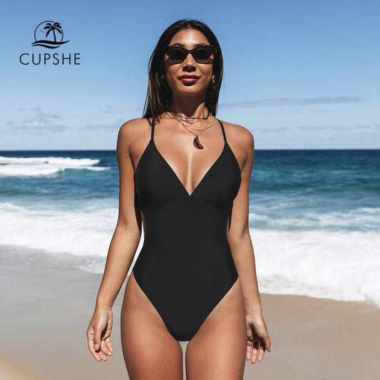 CUPSHE Cutout Back One-Piece Swimsuit For Women Solid Black Sexy V-neck Monokini Swimwear 2023 Female Bathing Suits Beachwear
