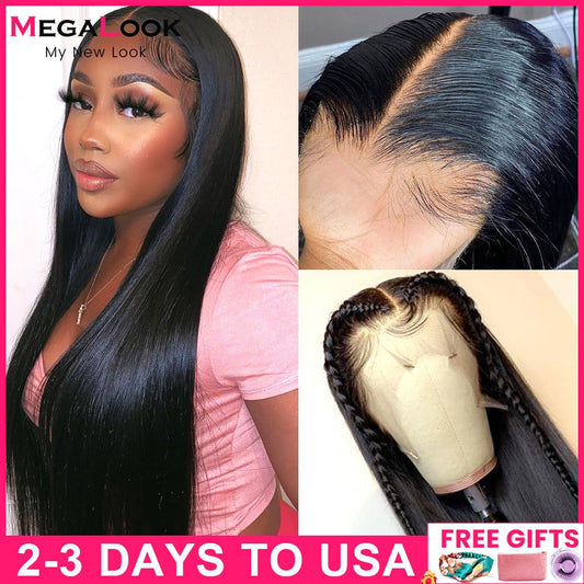 13x5x2 T Part Lace Wig 28 Inch Peruvian Straight Human Hair Lace Wigs 180% MEGALOOK Transparent Lace Human Hair Wig Pre Plucked